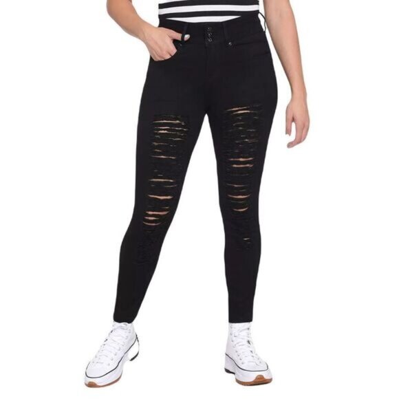 HT‎ Denim Black Destructed Hi-Rise Super Skinny Jeans 7 Juniors - Picture 1 of 8